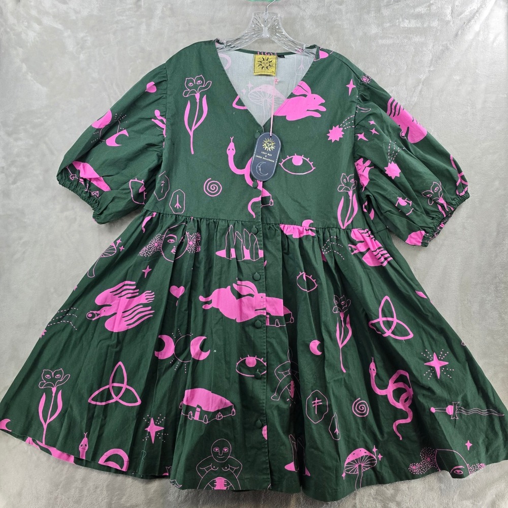 Lazy Oaf Womens 16 Dress Green Pink Laura Callaghan Hidden Symbols Puff Sleeve